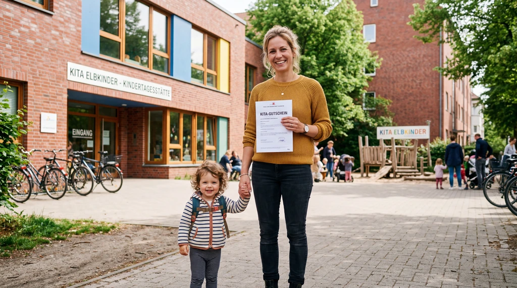 Glückliche Familie vor einer Hamburger Kita mit Dokumenten für das Kita-Gutschein-System