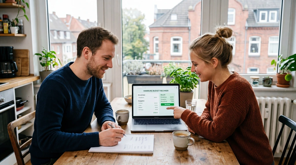 Elternpaar berechnet am Laptop transparent die Kita-Kosten für ihr Kind mit dem Hamburger Elternbeitragsrechner